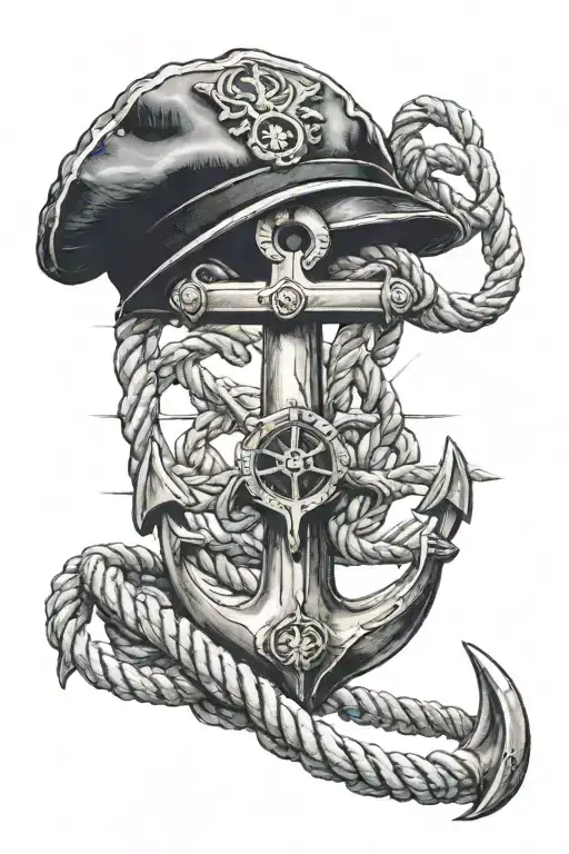 marine anchor with a rope surrounding it, a navy bachis and a second master's cap tattoo design idea