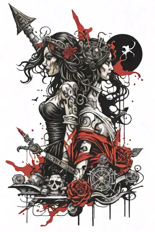 Ancient Greek goddess of justice Themis and Mexican goddess of death Muerta tattoo design idea
