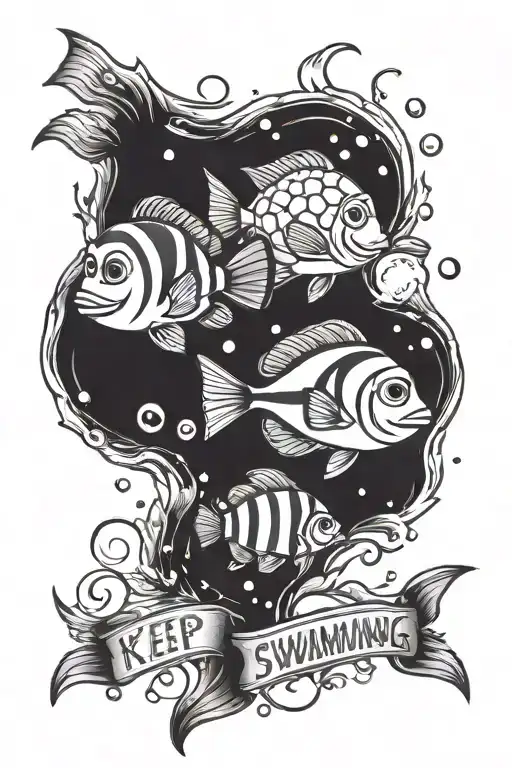 Nemo and Dory with the phrase: Keep swimming tattoo design idea