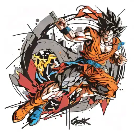 Goku in Permet, Albania battle scene between Thor hammer tattoo design idea