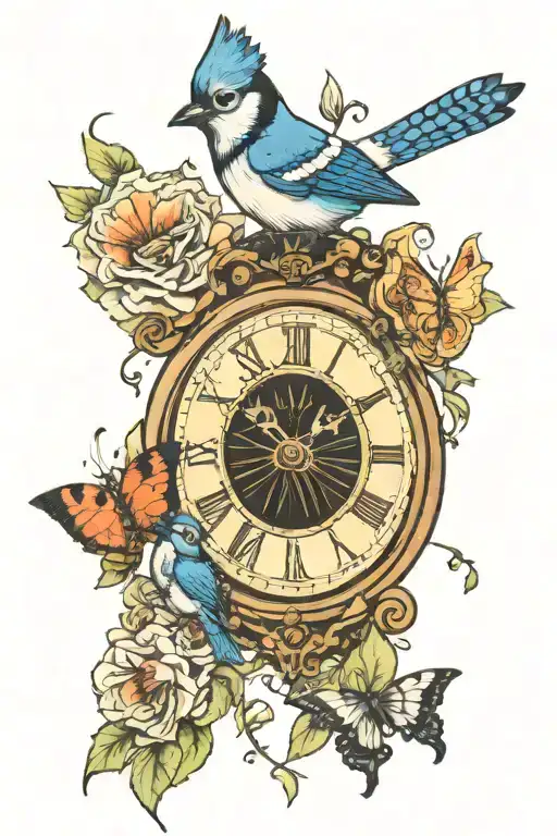 blue jay, butterflies, clocks tattoo design idea