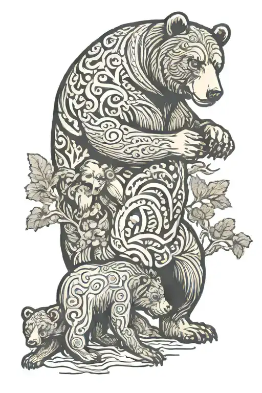 largee powerful bear protecting two cubs playing tattoo design idea