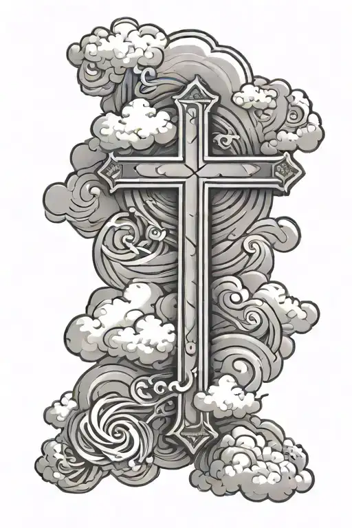 Christian Cross with clouds tattoo design idea