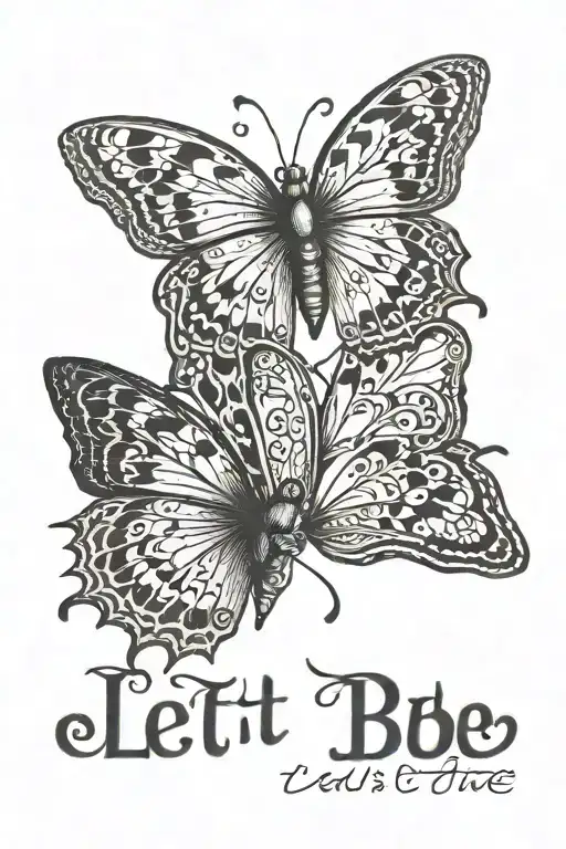 two butterflies with the words "let it be" written tattoo design idea