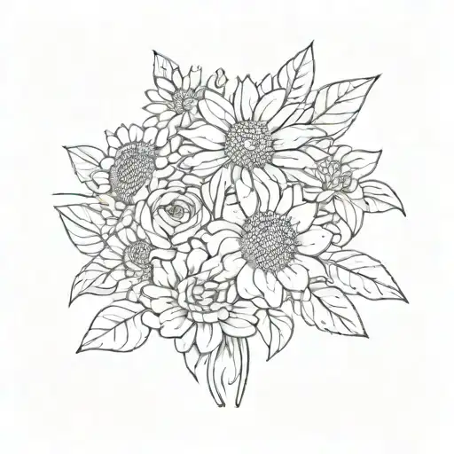 Simple black fine line tattoo of a flower bouquet with one aster, one sunflower, one violet, one peony, and one daisy al tattoo design idea