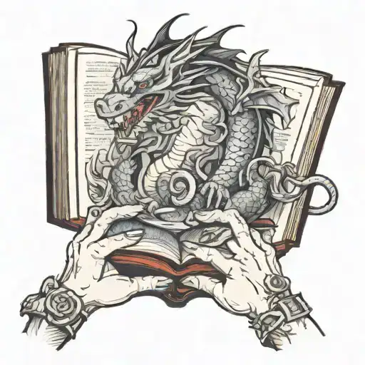 Female hands holding open a book, with a dragon, fairys and a overall magical theme  tattoo design idea