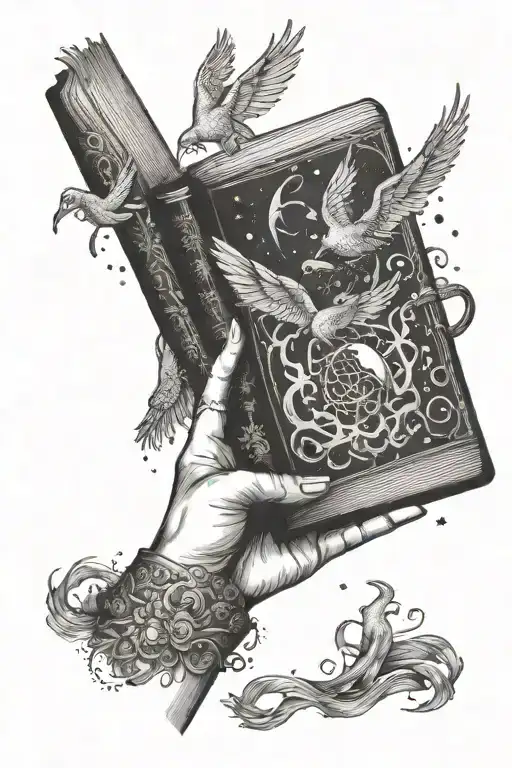 Female hands hold open a book with magical creatures coming out of the book tattoo design idea