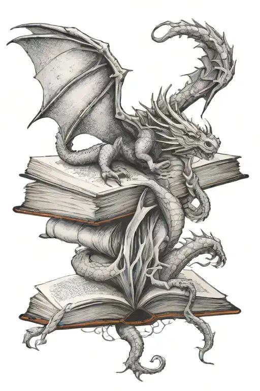 Female hands hold open a book A dragon wings unfurling atop the pages tail wraps around the book spine with faeries  tattoo design idea