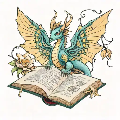 Female hands hold open a book dragon wings unfurl atop the pages Fairy with glowing, spring colored wings flutter tattoo design idea
