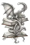 Female hands hold open a book A dragon wings unfurling atop the pages tail wraps around the book spine with faeries  tattoo design idea