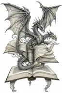 Female hands hold open a book A dragon wings unfurling atop the pages tail wraps around the book spine with faeries  tattoo design idea