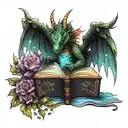 Female hands hold open a book dragon wings unfurl atop the pages Fairy with glowing, flower-colored wings flutter tattoo design idea