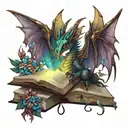 Female hands hold open a book dragon wings unfurl atop the pages Fairy with glowing, flower-colored wings flutter tattoo design idea