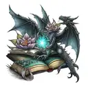 Female hands hold open a book dragon wings unfurl atop the pages Fairy with glowing, flower-colored wings flutter tattoo design idea