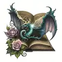 Female hands hold open a book dragon wings unfurl atop the pages Fairy with glowing, flower-colored wings flutter tattoo design idea