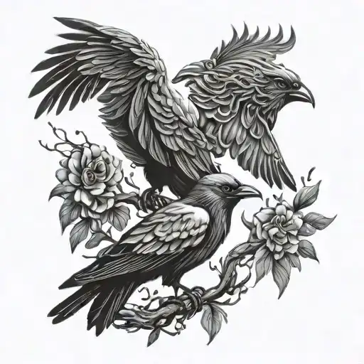 Hugin and munin black and white thought and memory tattoo design idea