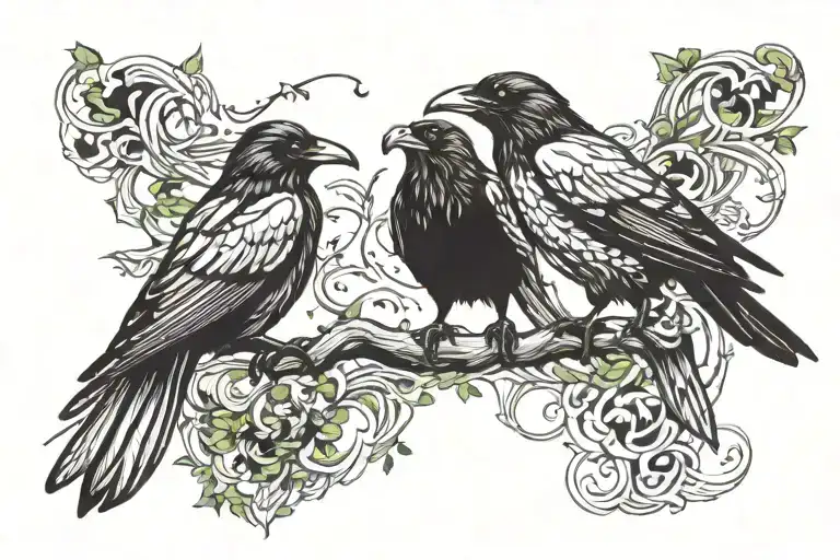 Hugin and munin black and white ravens thought and memory title  tattoo design idea