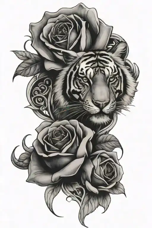 roses intertwined hearts male forearm tattoo flowing seamlessly into into a tigers head strong warrior wild but serine tattoo design idea