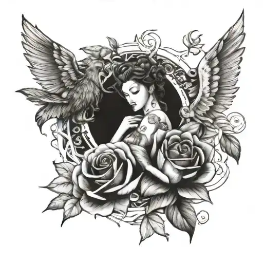 roses of wind, capricorn, and the fall angel tattoo design idea
