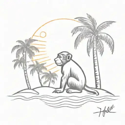 A sketch style tattoo of a sun shining down on a monkey on the beach with palm trees  tattoo design idea