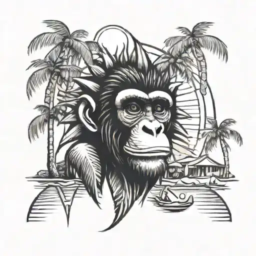 A sketch style tattoo of a sun shining down on a monkey on the beach with palm trees  tattoo design idea