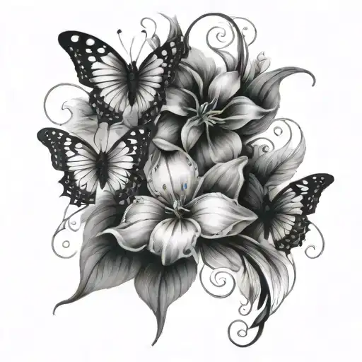 flying butterflies flowers intertwined tattoo design idea