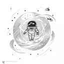 Astronaut floating in space with zero gravity trying to take a planet tattoo design idea