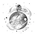 Astronaut floating in space with zero gravity trying to take a planet tattoo design idea