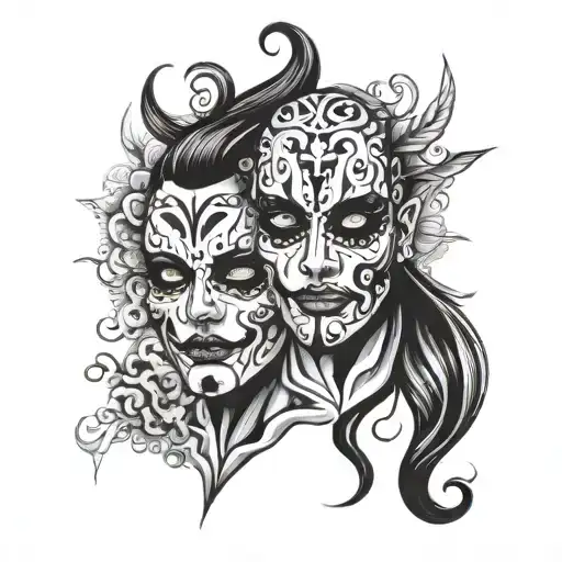 theatrical masks describing split personalities tattoo design idea