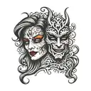 theatrical masks describing split personalities tattoo design idea