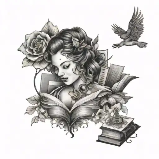 A tattoo featuring a woman's body as a canvas for a collage of your favorite books, family names, US history events, and musical icons, all in a black-grey style. tattoo design idea