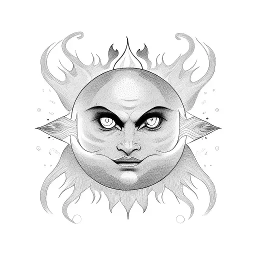 sun with face for tarot card with long even flames  tattoo design idea