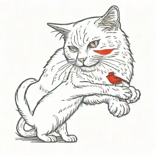 white cat reaching a paw at a red  cardinal bird tattoo design idea