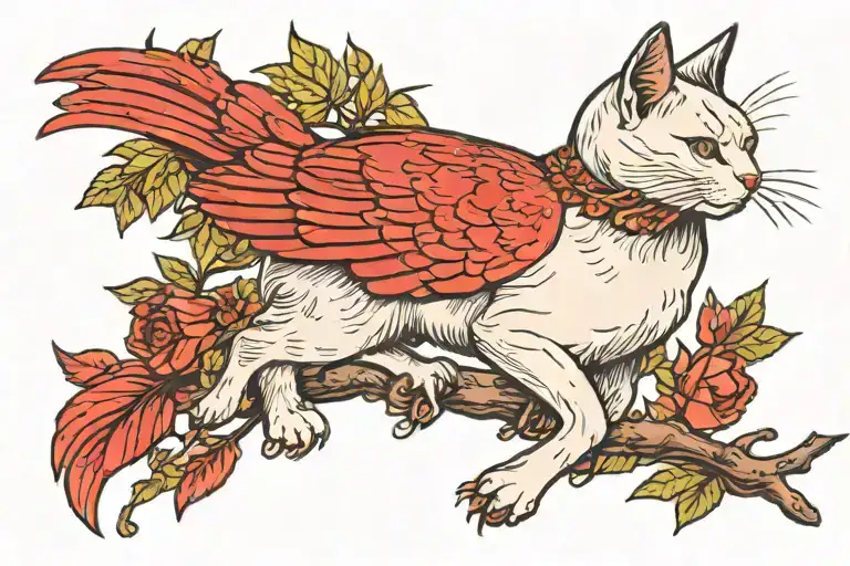 white cat reaching for red cardinal bird tattoo design idea