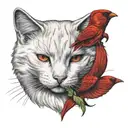 white cat pawing at red cardinal bird tattoo design idea