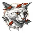 white cat pawing at red cardinal bird tattoo design idea