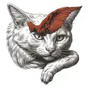 white cat pawing at red cardinal bird tattoo design idea