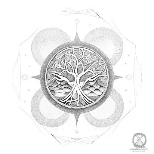 diver diving deep waters, tree of life, astronomy tattoo design idea