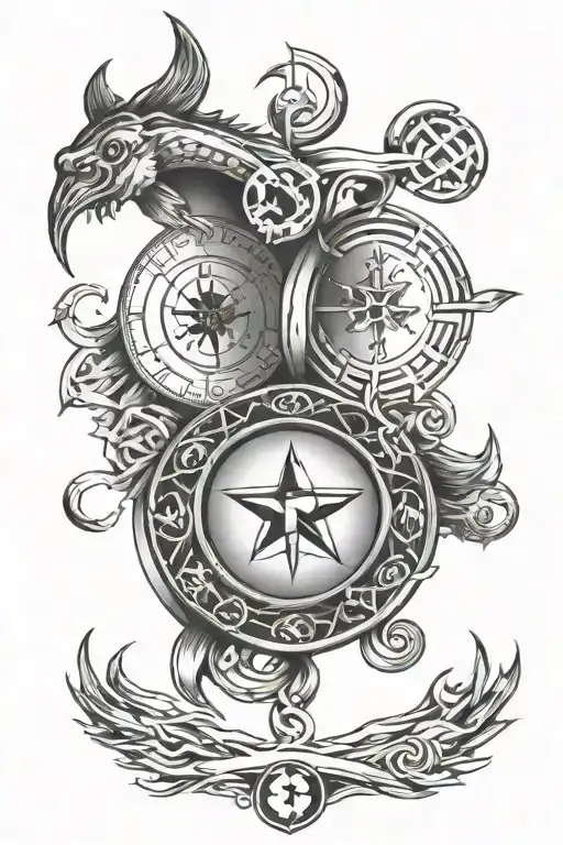 chain tattoo on the arm with several symbols. Zodiac sign Pisces, lunar cycle, money symbol, harmony symbol, energy symbol tattoo design idea