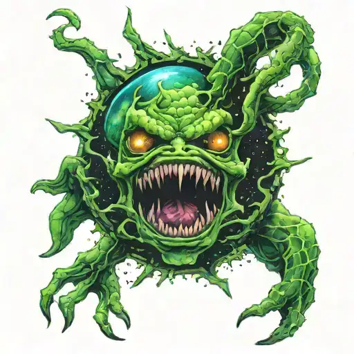 devourer of planets stars and nebulas, sinister black and green tattoo design idea