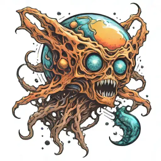 cosmic horror devourer of planets stars and nebulas tattoo design idea