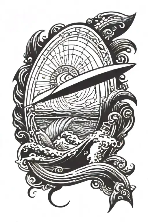 A whimsical design of a time-traveling surfboard tattoo design idea
