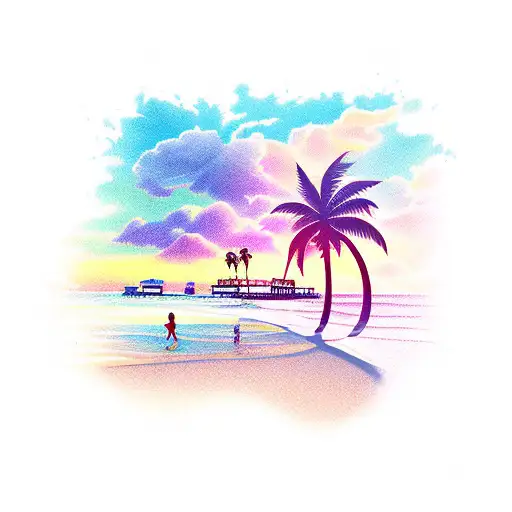 A new-school tattoo of a colorful sunset over the beach with palm trees and a convertible car driving along the shore tattoo design idea