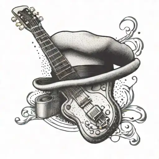 An intricate dotwork tattoo of a chef's hat with a microphone and guitar intertwined, representing the love for music and cooking tattoo design idea