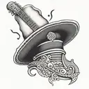 An intricate dotwork tattoo of a chef's hat with a microphone and guitar intertwined, representing the love for music and cooking tattoo design idea