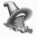 An intricate dotwork tattoo of a chef's hat with a microphone and guitar intertwined, representing the love for music and cooking tattoo design idea