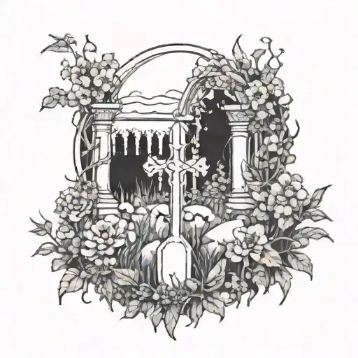 A sketch-style tattoo of a hauntingly beautiful graveyard scene with overgrown plants and flowers tattoo design idea