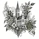 An intricate blackwork tattoo design of a gothic cathedral surrounded by lush, overgrown plants and vines tattoo design idea