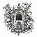 An intricate blackwork tattoo design of a gothic cathedral surrounded by lush, overgrown plants and vines tattoo design idea