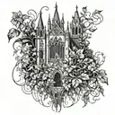 An intricate blackwork tattoo design of a gothic cathedral surrounded by lush, overgrown plants and vines tattoo design idea